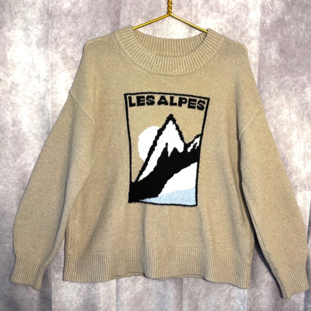 Les Alpes Mountain Tan Graphic Sweater Women XL Après-Ski CabinCore